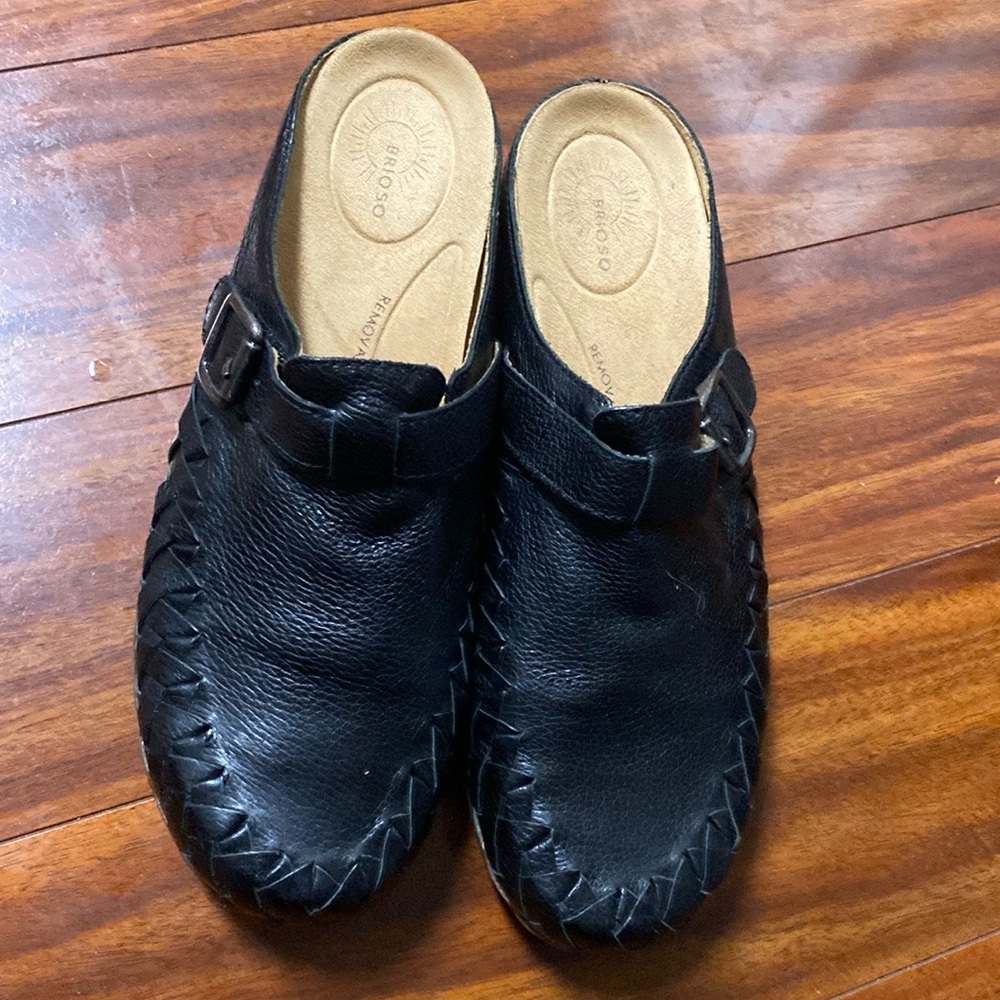 Black Leather Slip-On Clog Mule with Buckle